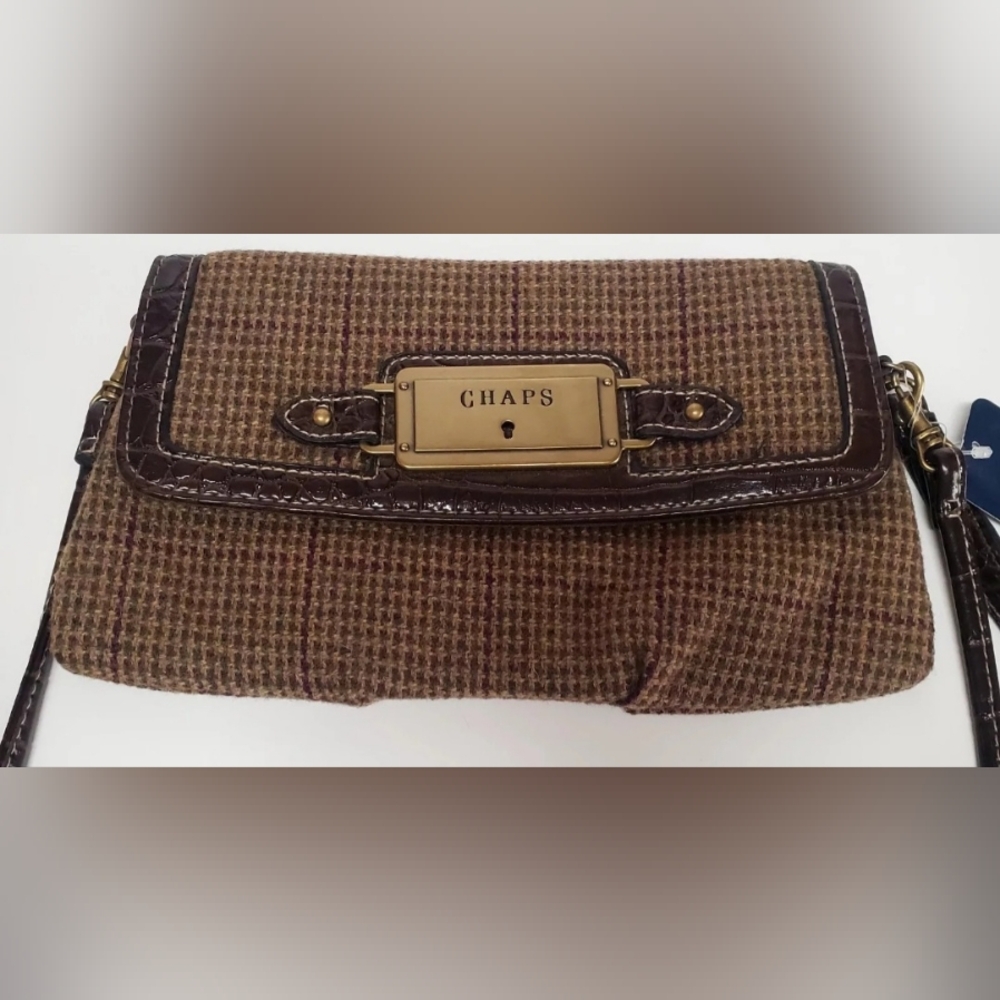 VTG CHAPS Cross Body Clutch Purse Herringbone Wool Montmartre Olive NWT 1342021 - Picture 7 of 12